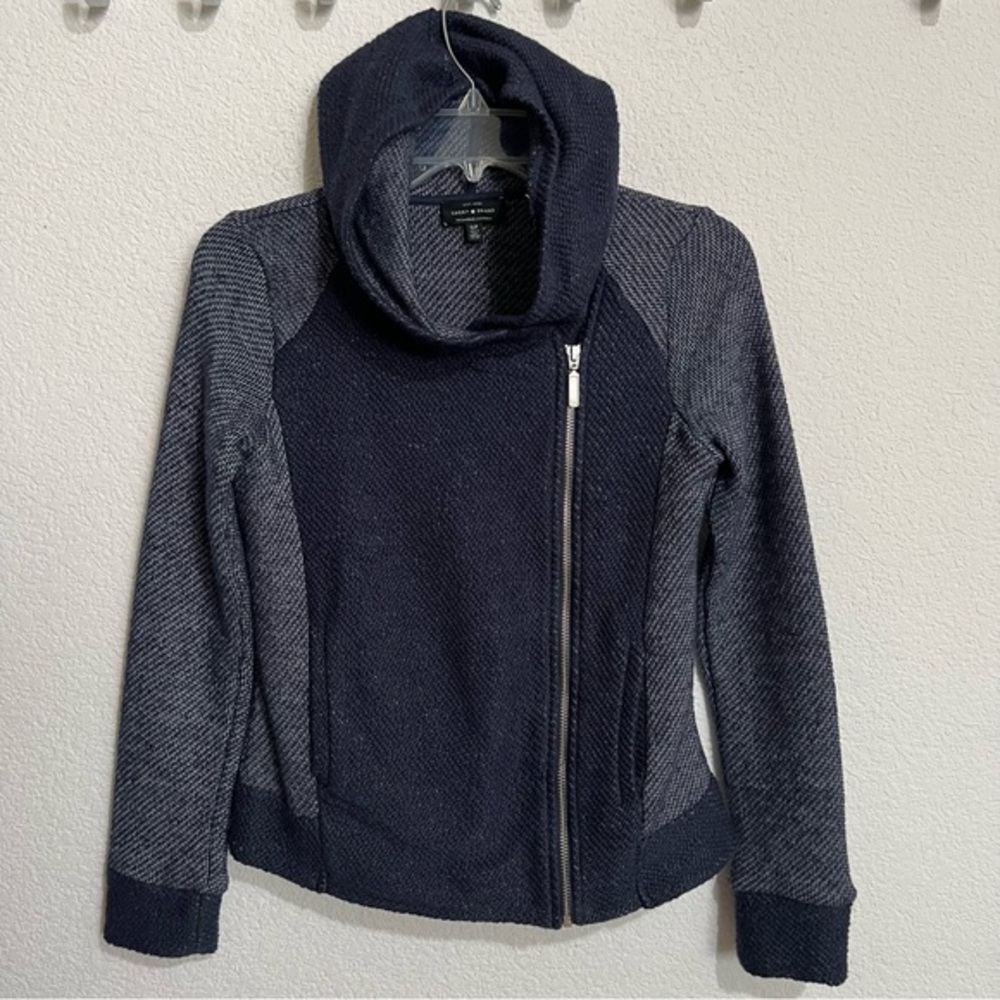 Lucky Brand Navy 2 Tone Zip Hooded Jacket Cardigan Sweater Small